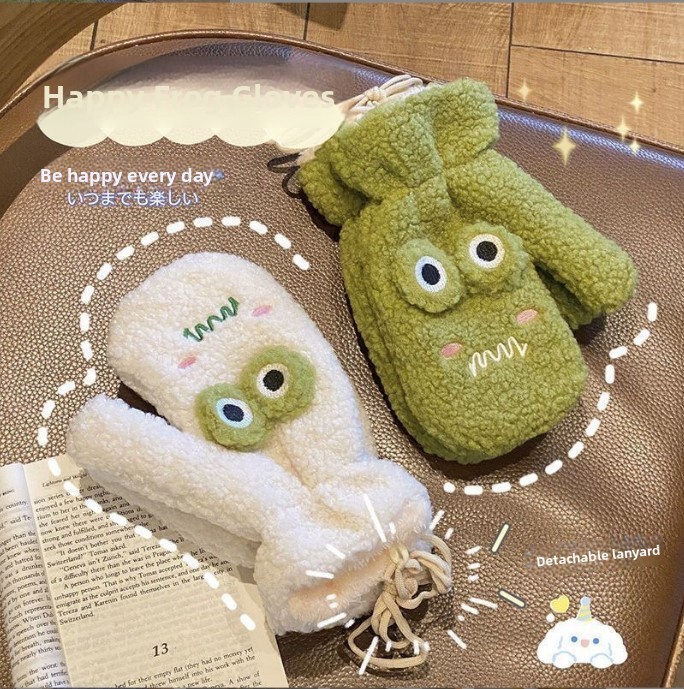 Wool Glove Lined - Koreaanse stijl, schattige groene cartoonkikkerhandschoenen, dames,
